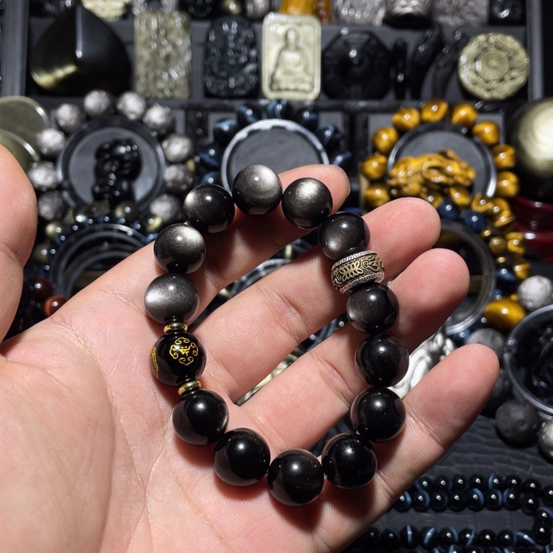 西***仔黑曜岩银S925镶嵌手链