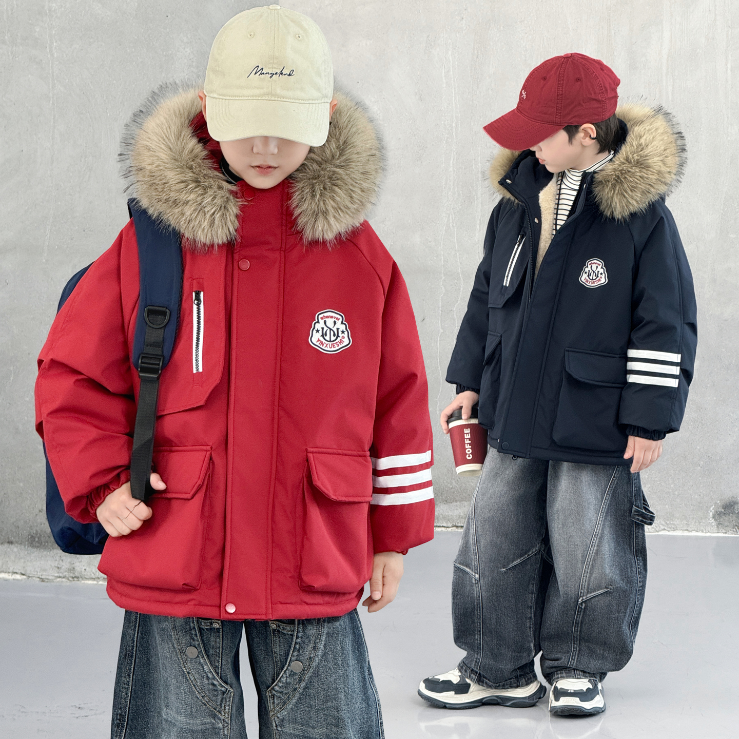 男童毛领加绒加厚棉服派克服冬季中大童帅气棉衣保暖帅气儿童上衣