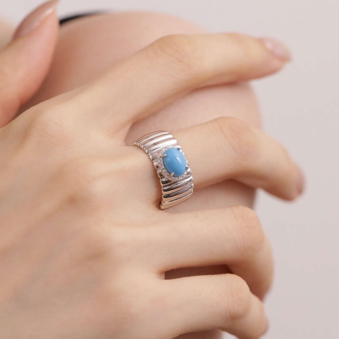 925银戒指 J13491  蓝色蛋形珠珠条纹开口戒指