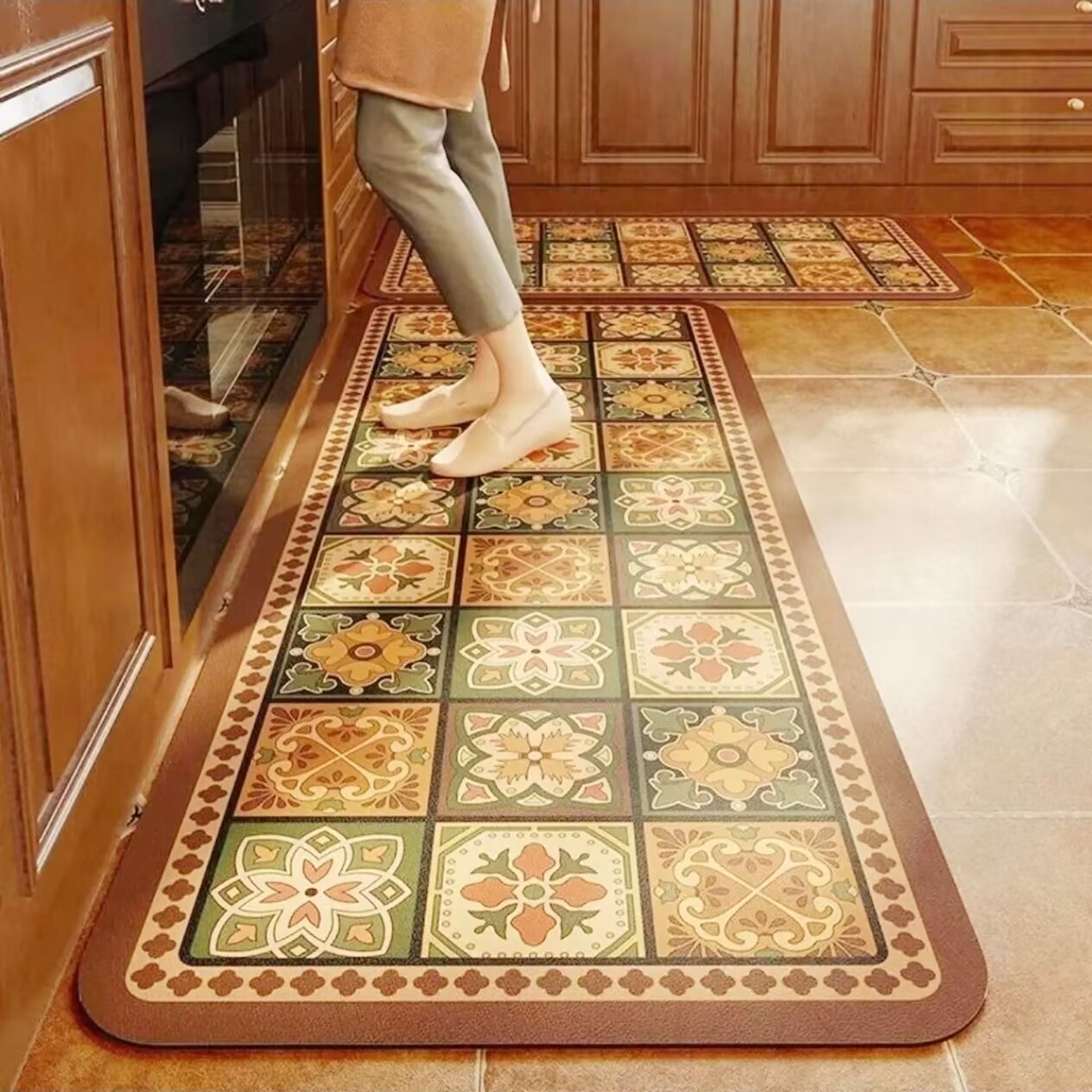 【A54】美拉德花砖复古厨房吸水地垫免清洗防滑防水防油家用吸油