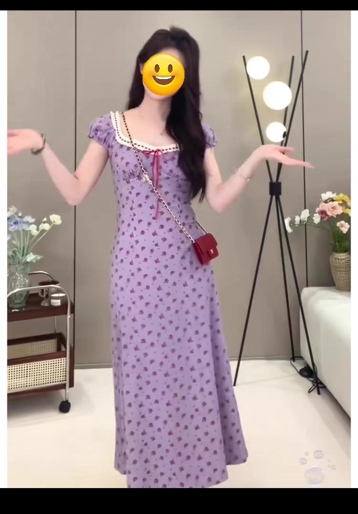 2816大码女装蝴蝶结碎花长裙