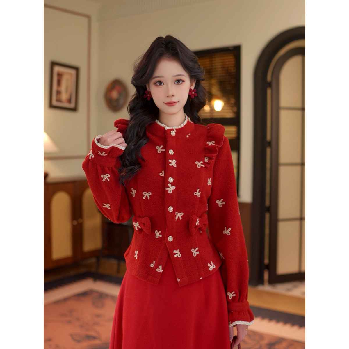 芷莹 圣诞氛围感红色小开衫外套上衣女冬季百搭针织衫#S14925