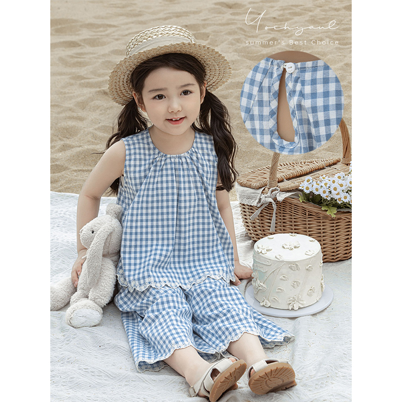 YOEHYAUL/幼悠夏肆波【朵朵浪花】女童夏季百搭休闲格子背心 X4934