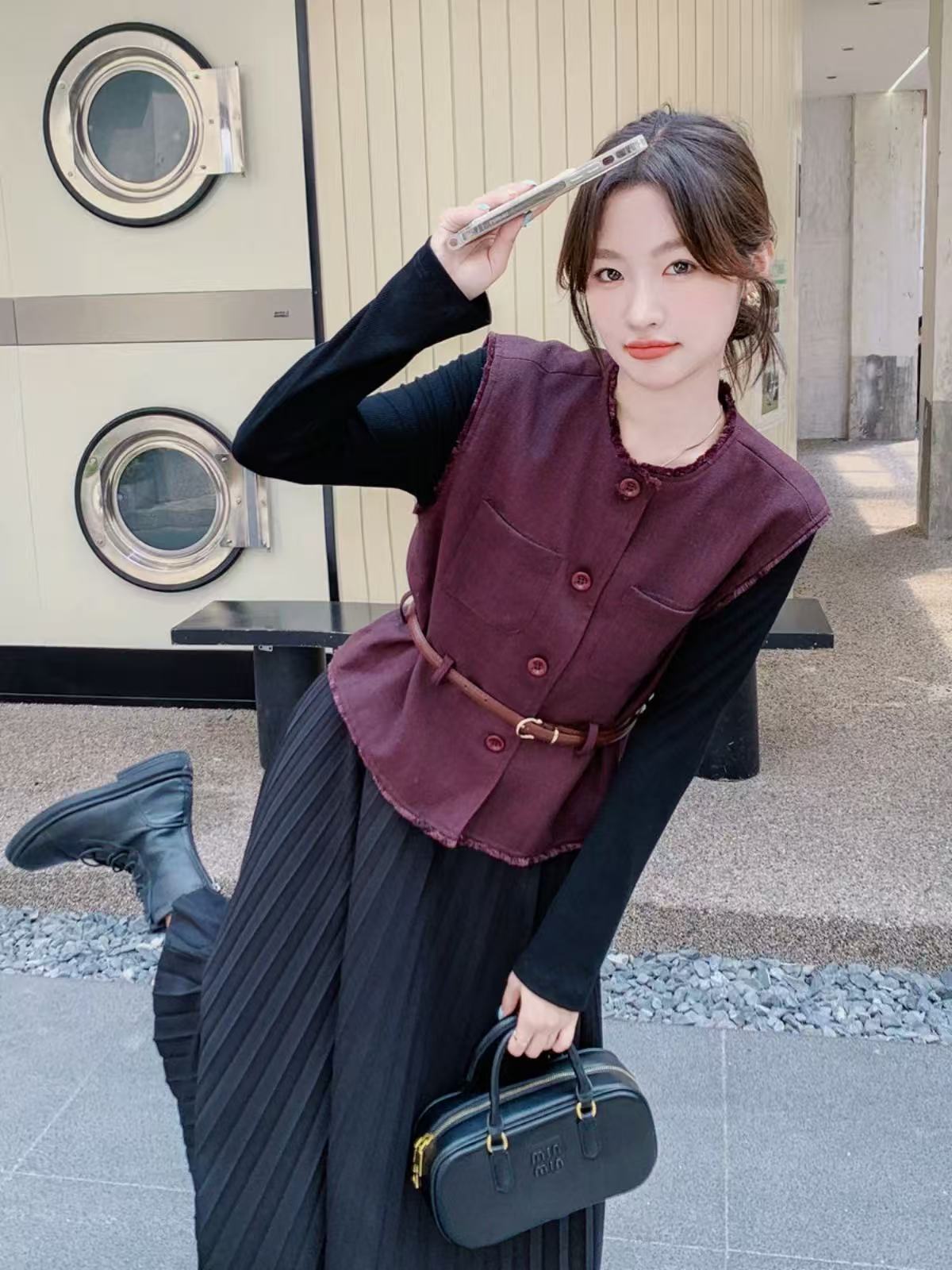 【T1598】新款春秋款超火两件套时尚气质春装马甲连衣裙长裙