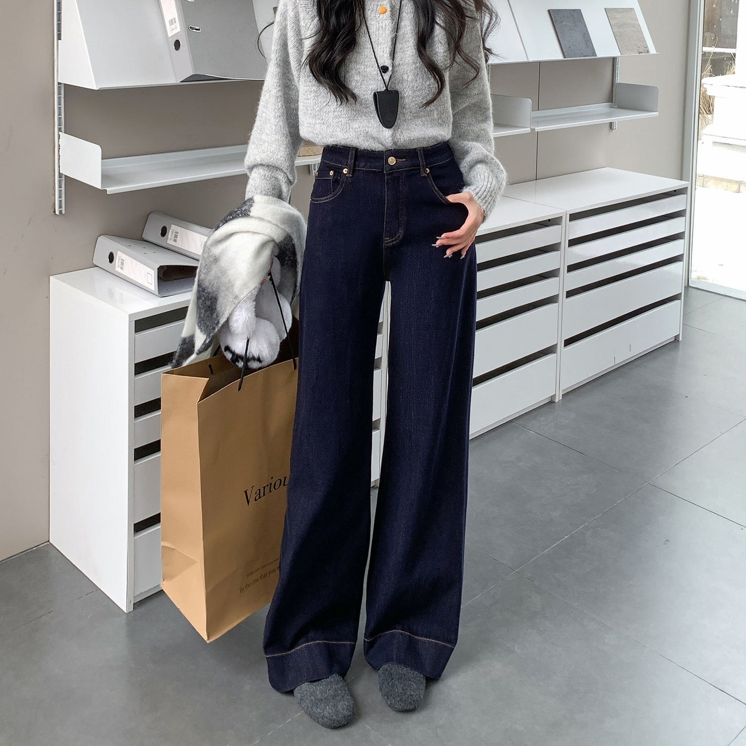 F95961菲西子牛仔裤女秋季时尚高腰百搭休闲窄版阔腿裤