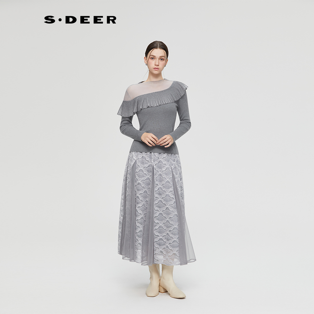 sdeer圣迪奥女装25年新品罗纹圆领撞色荷叶边修身针织衫S253Z3559