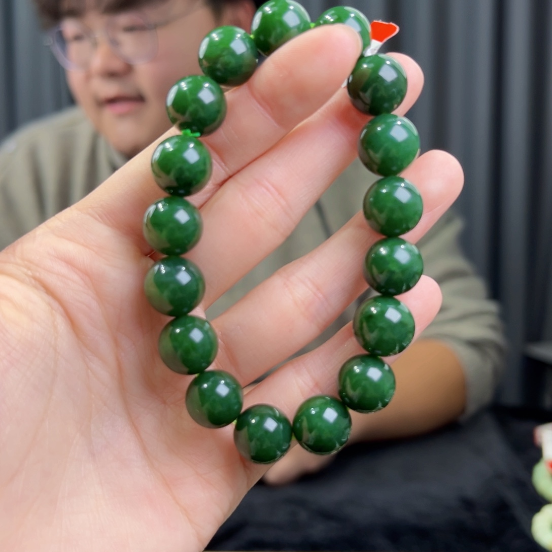 和田玉未镶嵌手串天然和田玉俄碧菠菜绿12圆
