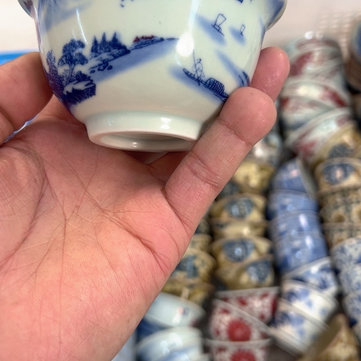 瓷片白青花富春山居图压手杯主人杯全品