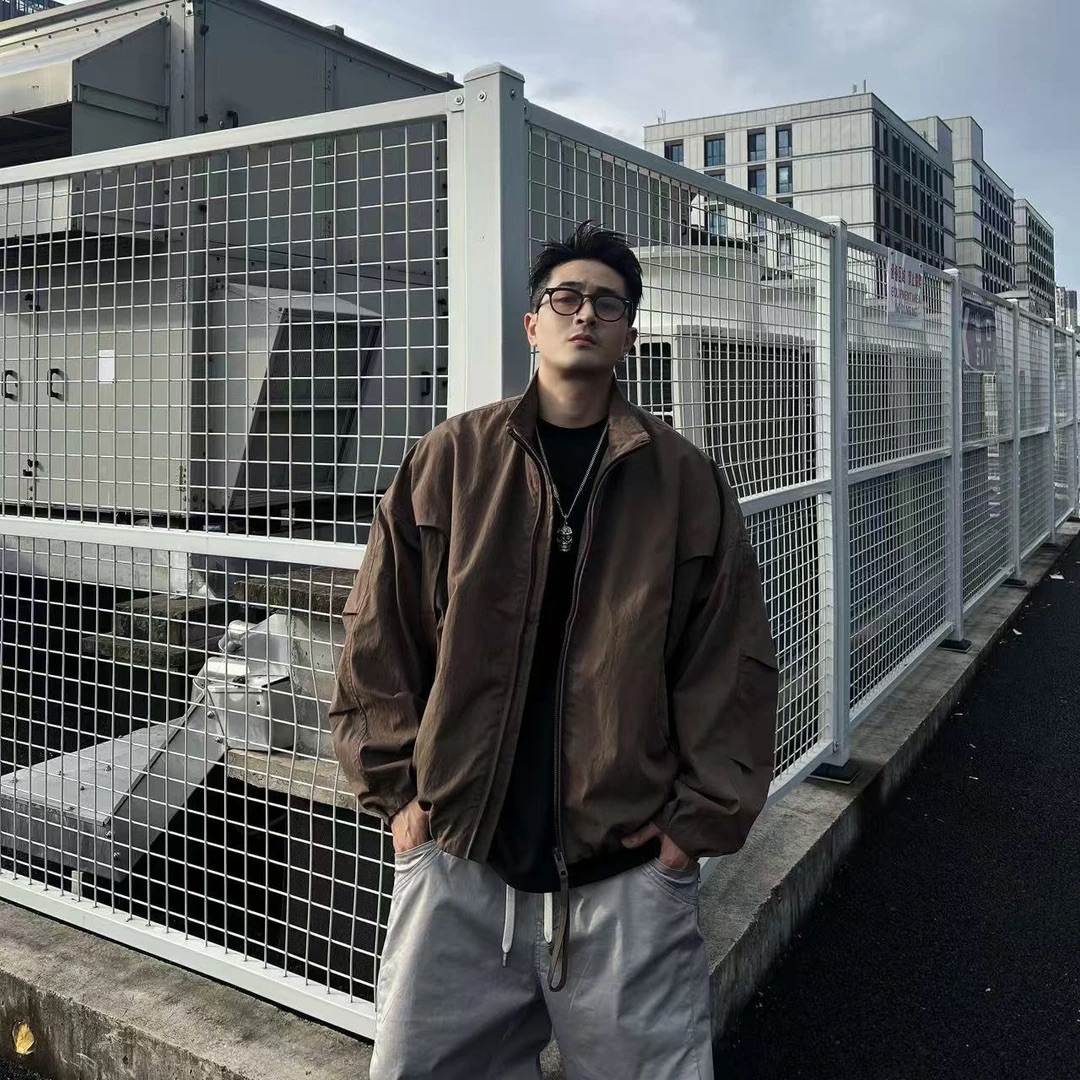 LIGGICC 秋工装美式休闲痞帅半拉链立领夹克男褶皱设计肌理感外套