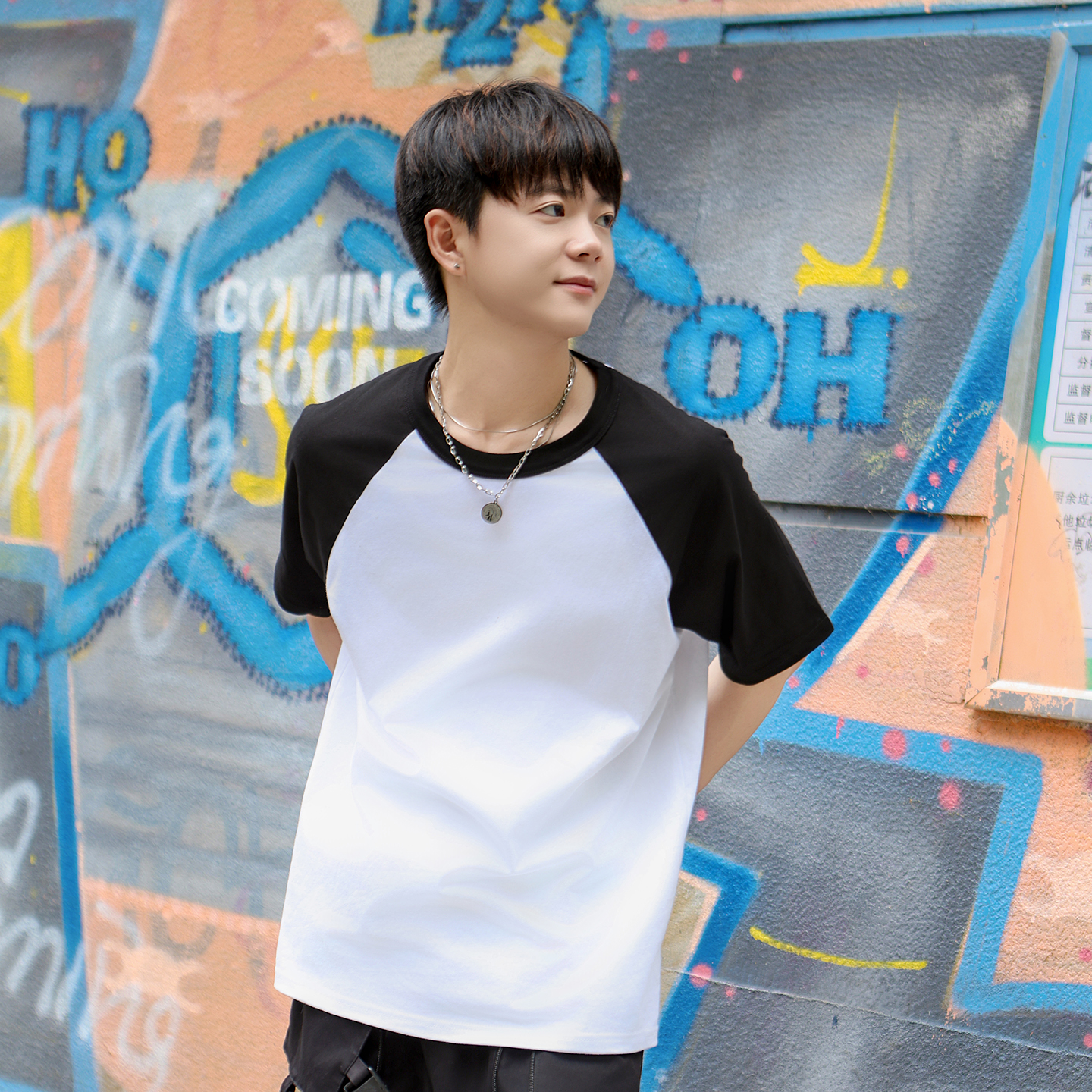 潮流纯色圆领T恤男士休闲撞色纯棉美式时尚百搭短袖宽松插肩袖