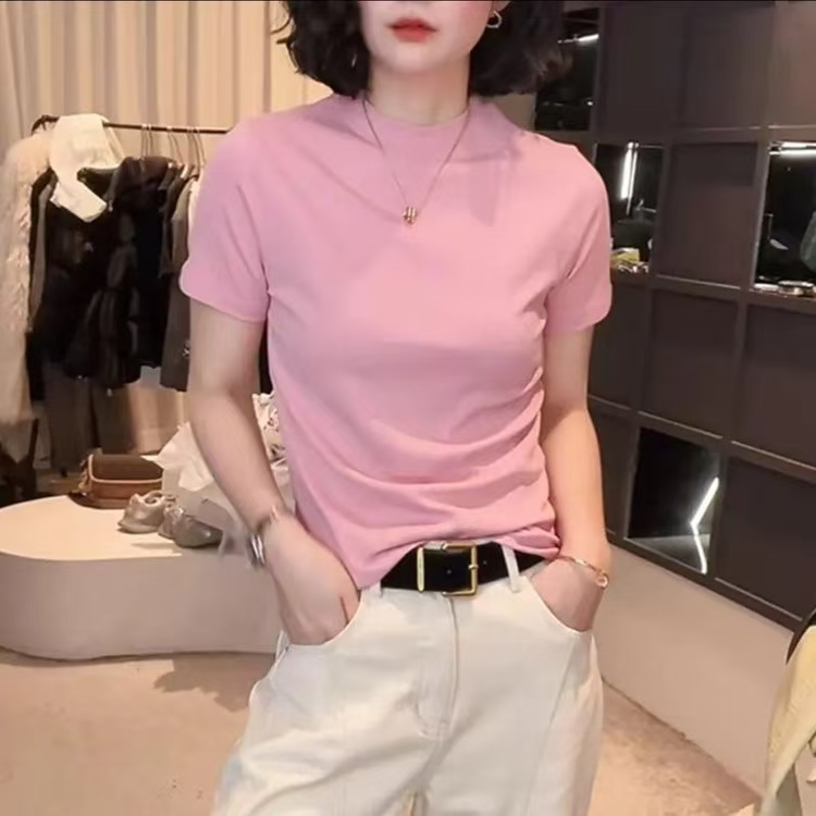 上衣时尚百搭打底夏季修身纯色圆领上衣时尚百搭打底夏季修身纯色