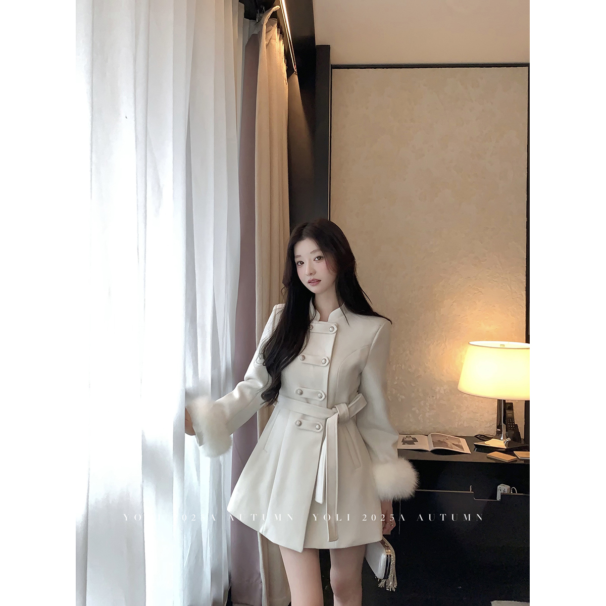 YOLI 张宥利"奥黛小姐" 白色毛呢外套女冬宫廷风气质显瘦羊毛上衣