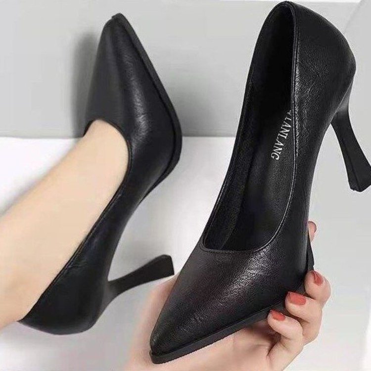 久站不累脚职业工作单鞋女2025新款春秋尖头细跟浅口黑色旗袍正装