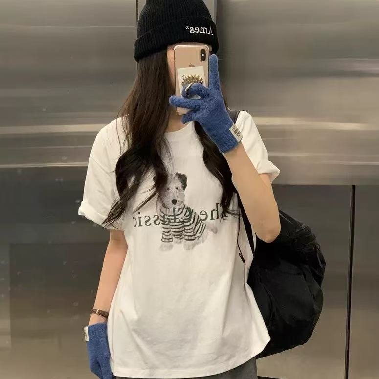 【Halo】ino*f家2025夏季新款呆萌可爱小狗狗圆领简约百搭短袖T恤