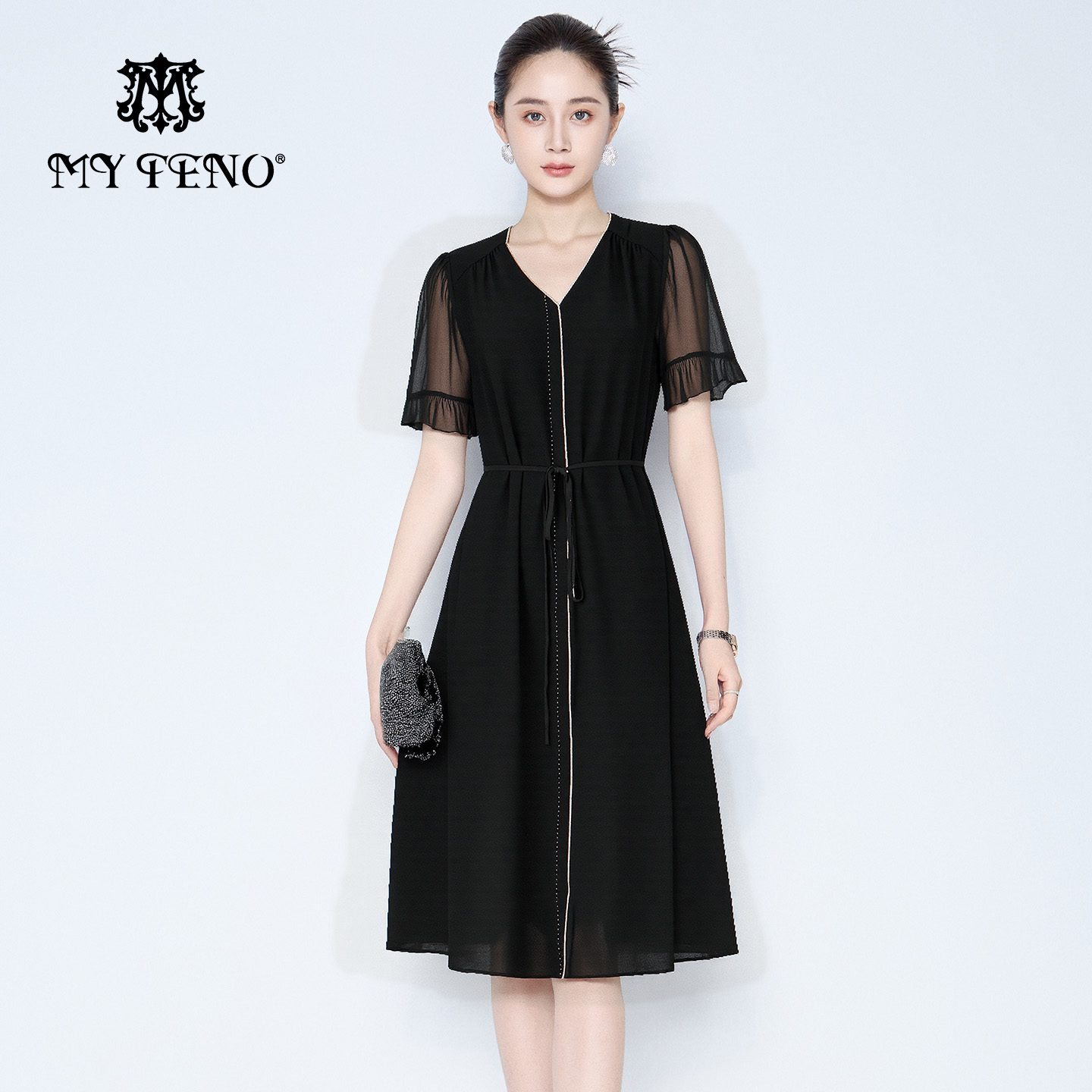 【小费专属】马天奴V领短袖系带收腰时尚气质连衣裙女VHSE96DRX0