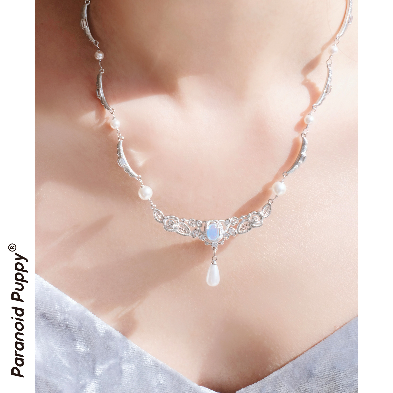 铜合金合成锆石项链 《疏影》法式项链锁骨链波浪花边月光石choker