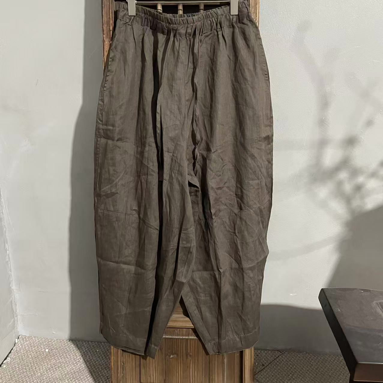 MX815苎麻95公分夏季纯色松紧哈伦裤吸汗复古麻料阔腿裤百搭休闲