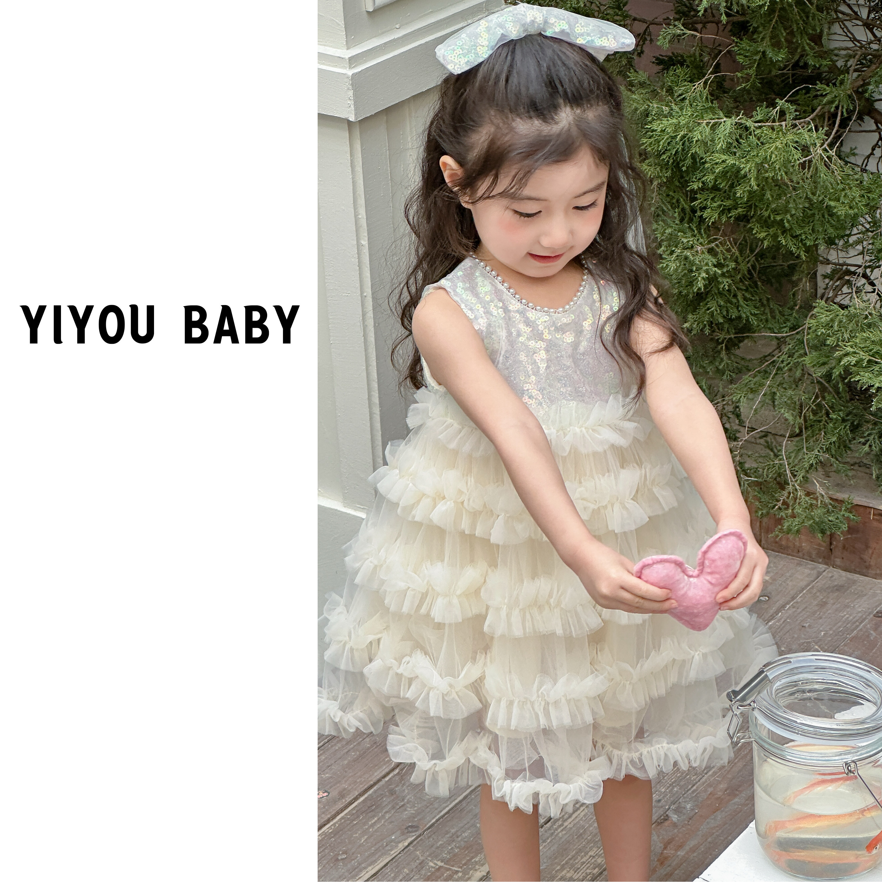 原创春夏香槟色头纱亮片女童生日周岁公主派对礼服连衣裙两件套