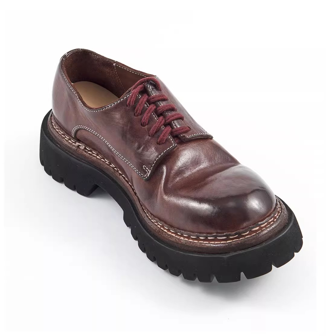 轻便透气/意大利马皮纯手工大头德比鞋男水洗复古厚底休闲潮鞋