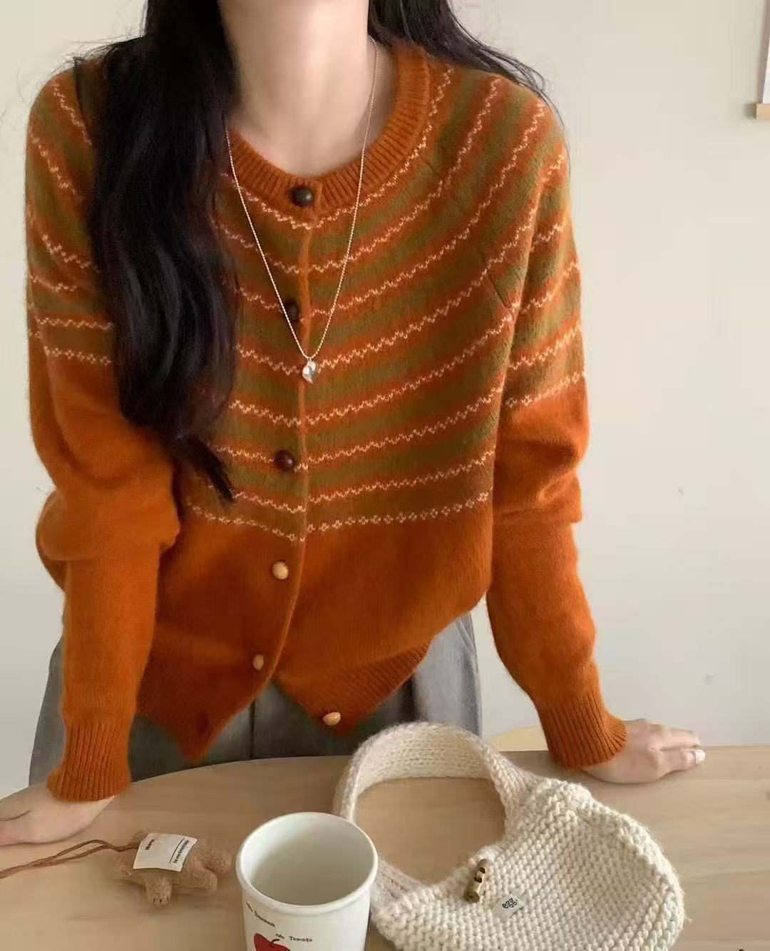 6921金标费尔岛开衫气质针织绵羊毛长袖毛衣插肩袖撞色秋冬时尚款