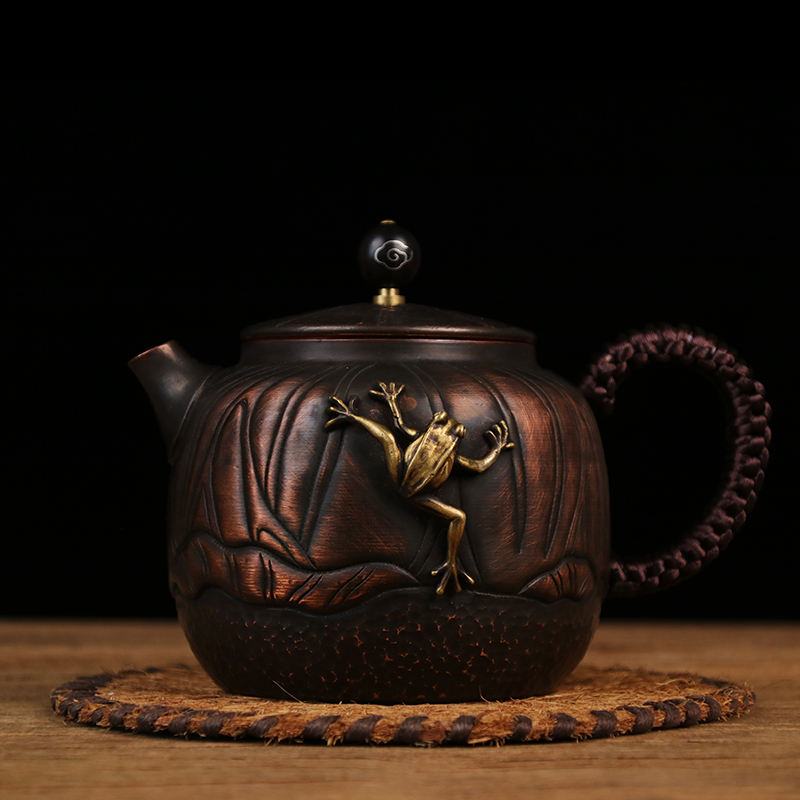 【金蟾饮泉】紫铜加厚纯手工泡茶壶中式錾刻青蛙470cc