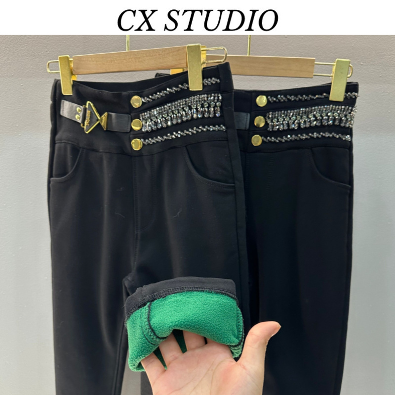 加绒加厚水钻黑色高腰牛仔裤女弹力显瘦紧身长裤MDH001
