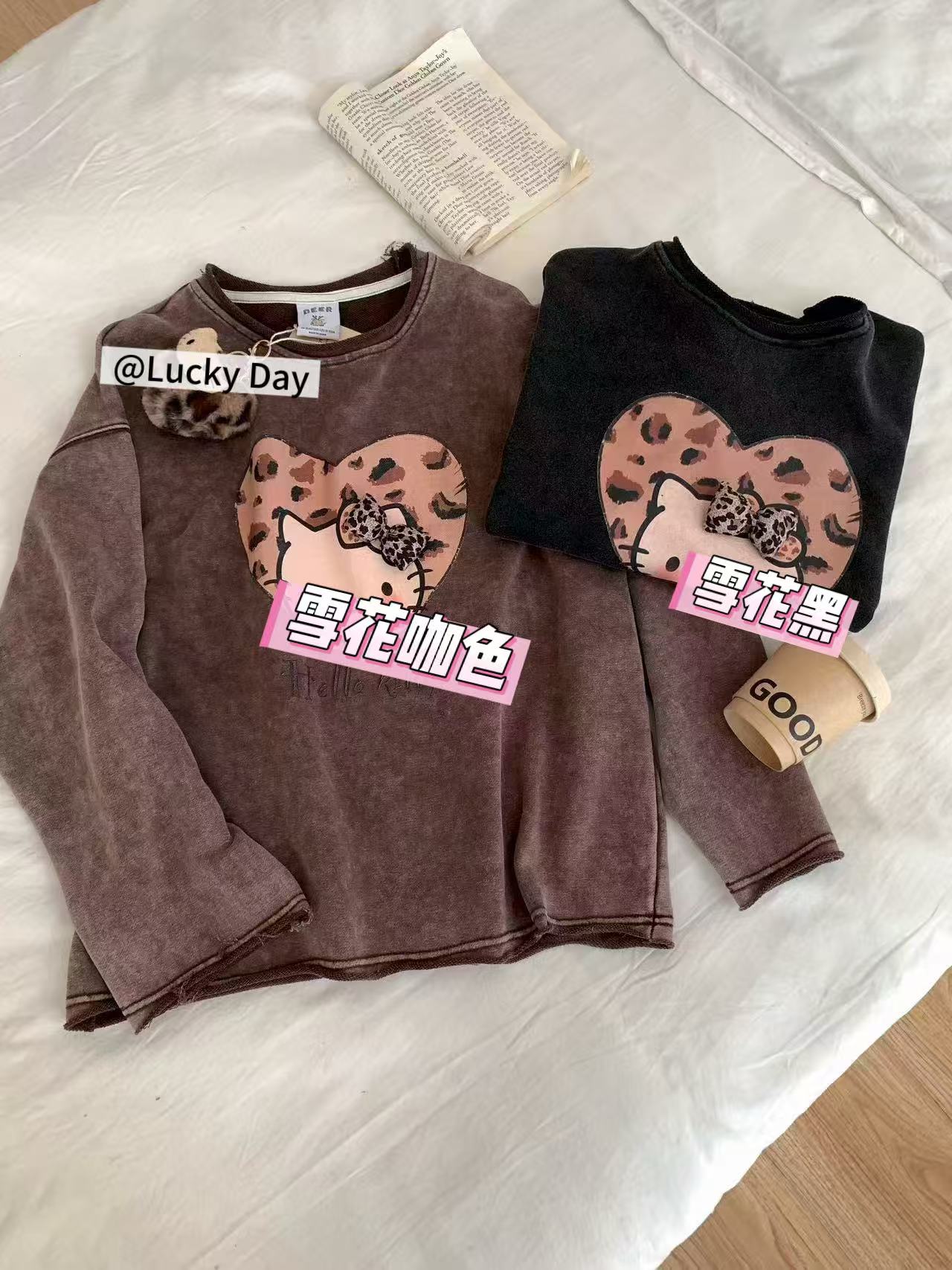 小雅姐姐  豹纹蝴蝶结猫咪卷边挂件休闲卫衣KC67