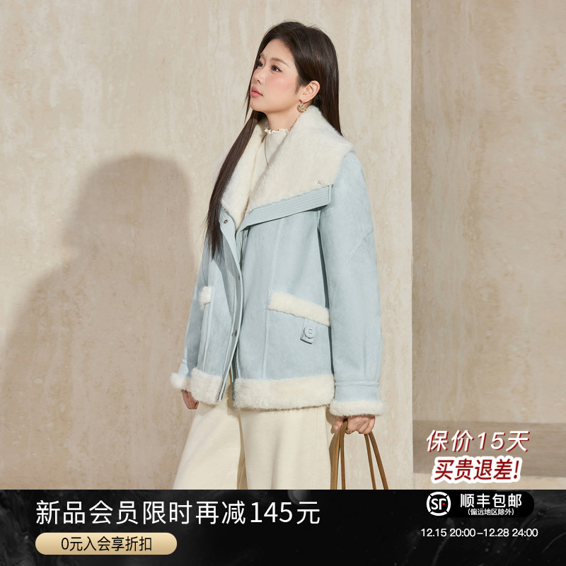 蓝语大码女装仿皮毛一体翻领加厚保暖短外套2025冬季新款夹克上衣