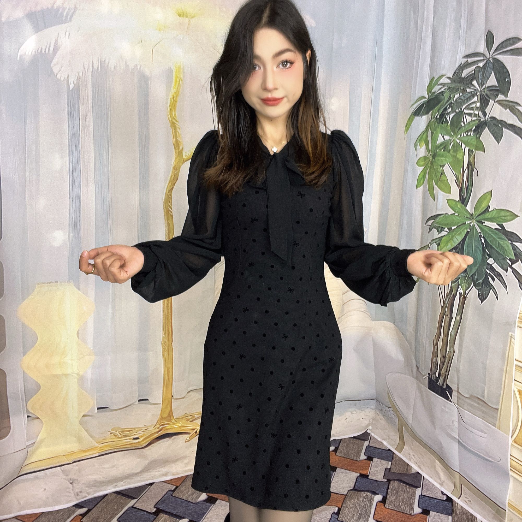 38拉链法式长袖显瘦裙子高腰长裙时尚连衣裙拼接女装