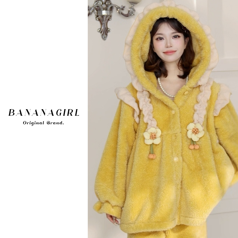 Bananagirl【向阳花】睡衣女秋冬宽松加绒连帽外套家居服可外穿加厚