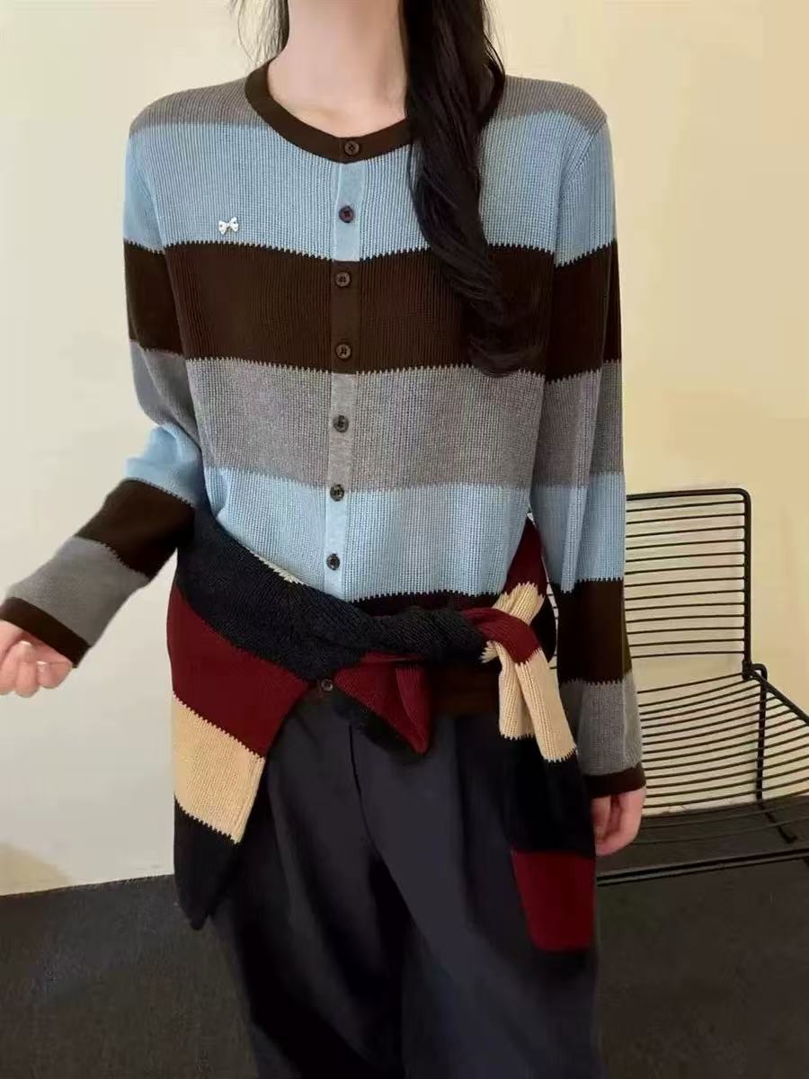 9805A圆领女针织条纹百搭薄款蝴蝶结毛衣针织衫