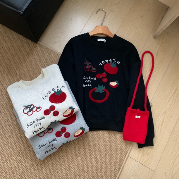 韩版小众番茄刺绣加绒加厚圆领卫衣女2025冬款宽松百搭设计感上衣