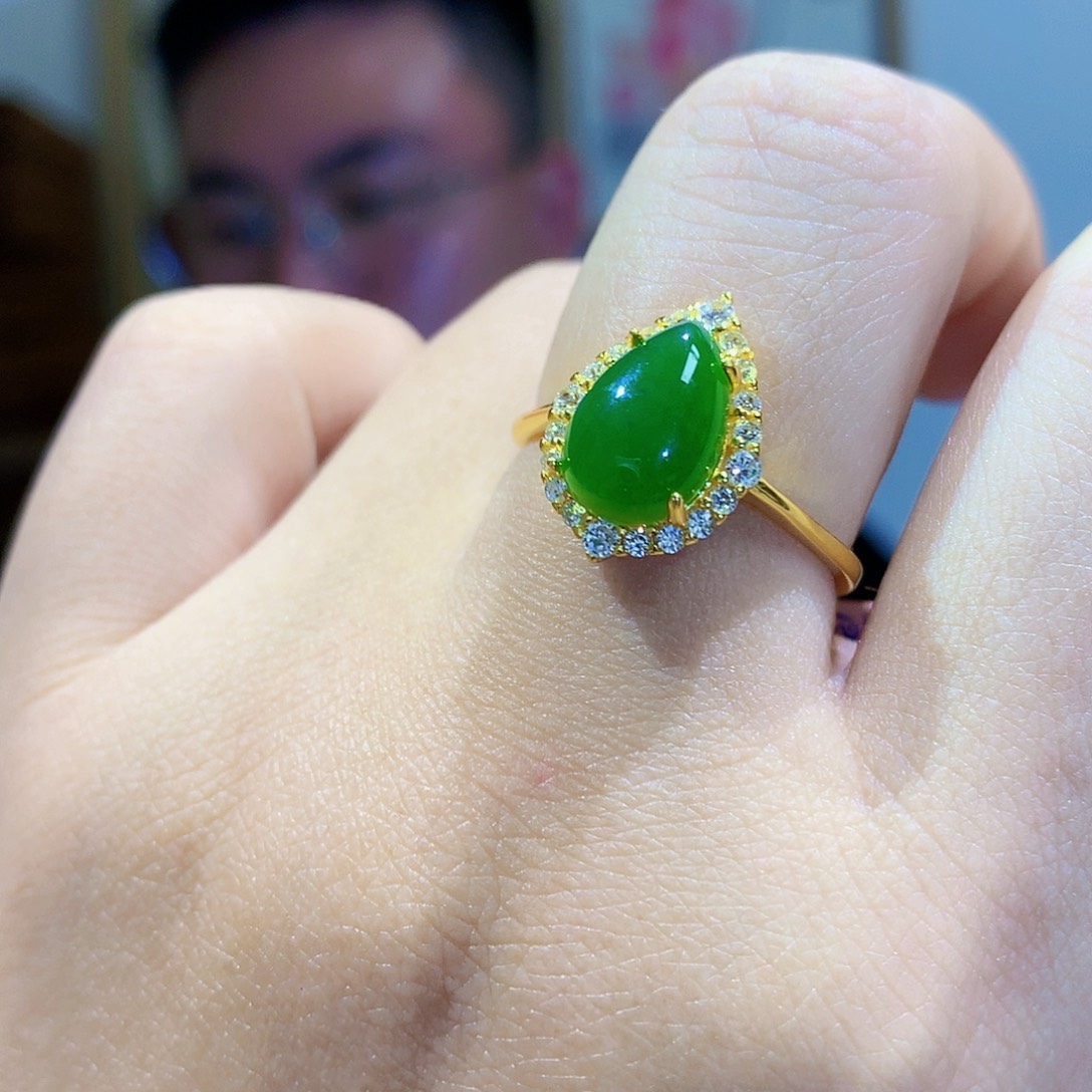 和田玉（碧玉）戒指银S925镀金镶嵌