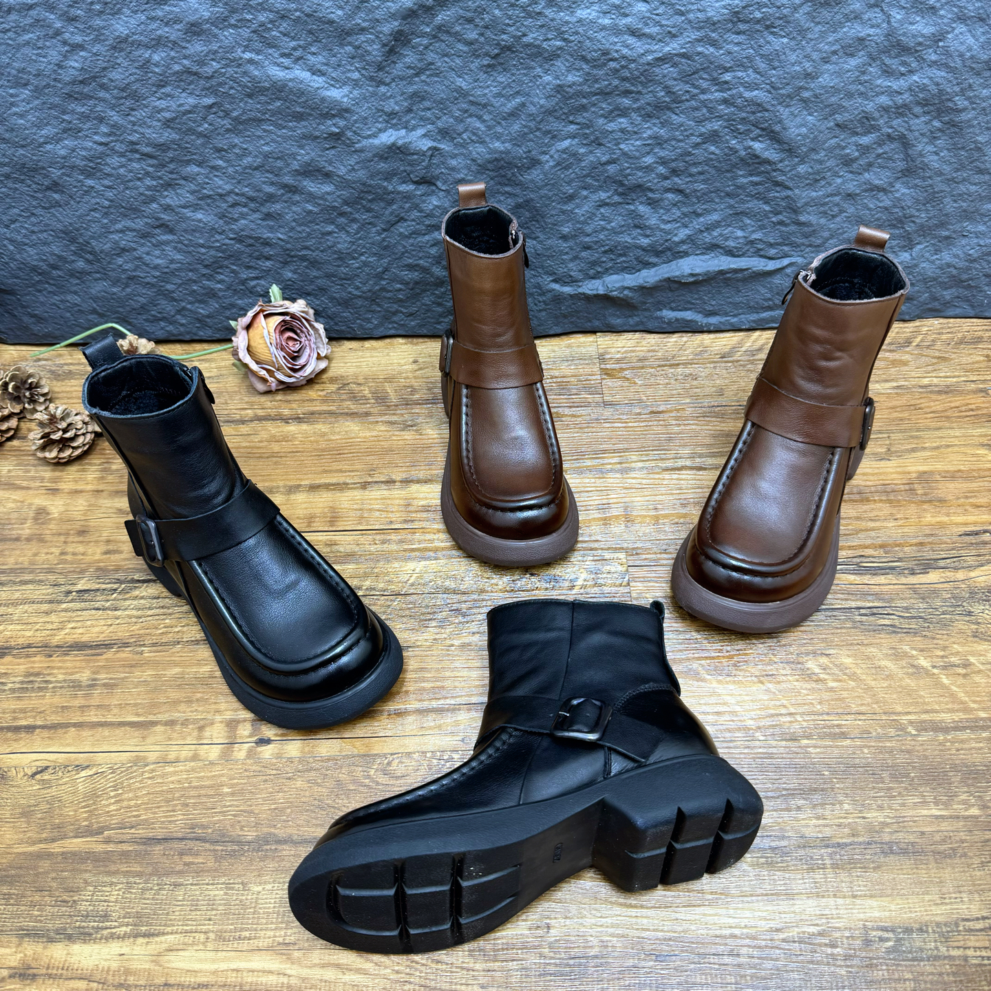 （二棉）601新款复古厚底真皮马丁靴皮带扣高跟出来头层牛皮短靴子