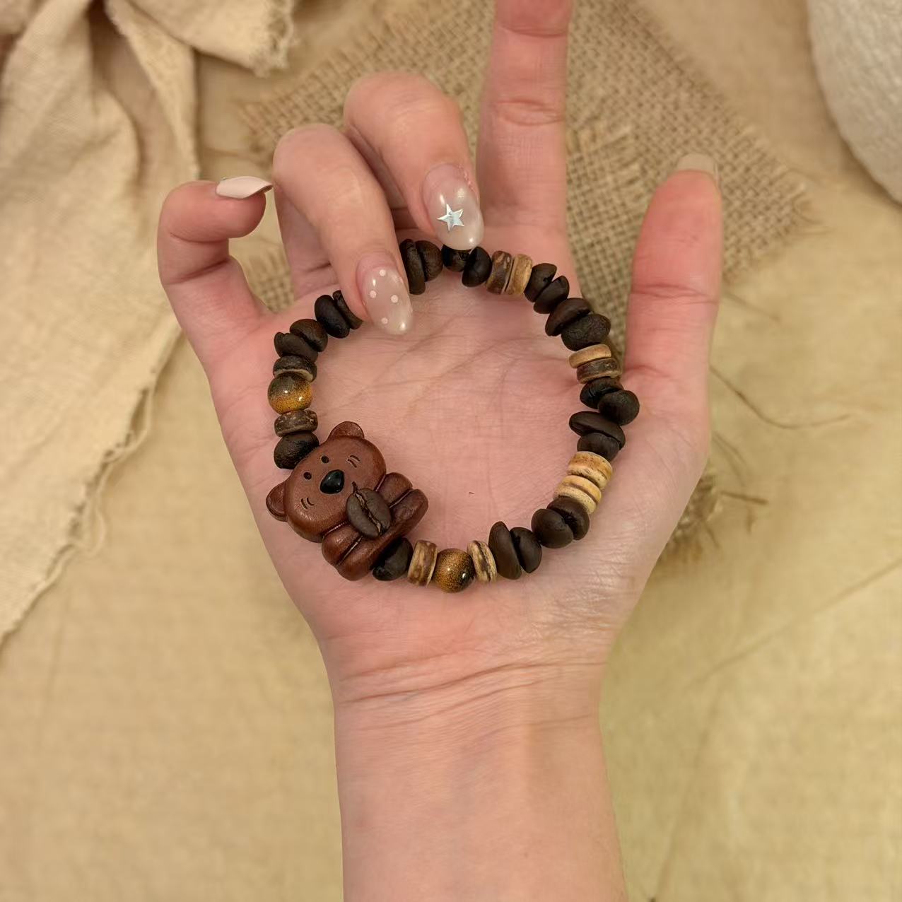非金属木质手链 【咖啡熊】手工编织小众设计感手链