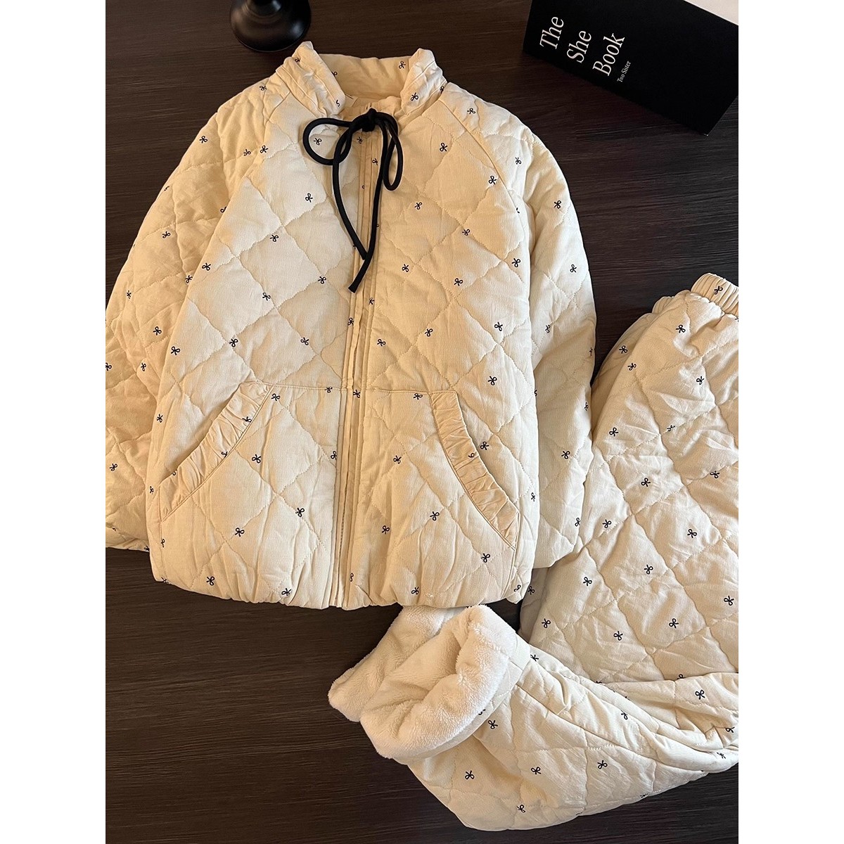 韩版甜美少女蝴蝶结夹棉睡衣女冬季加厚保暖宽松家居服套装可外穿