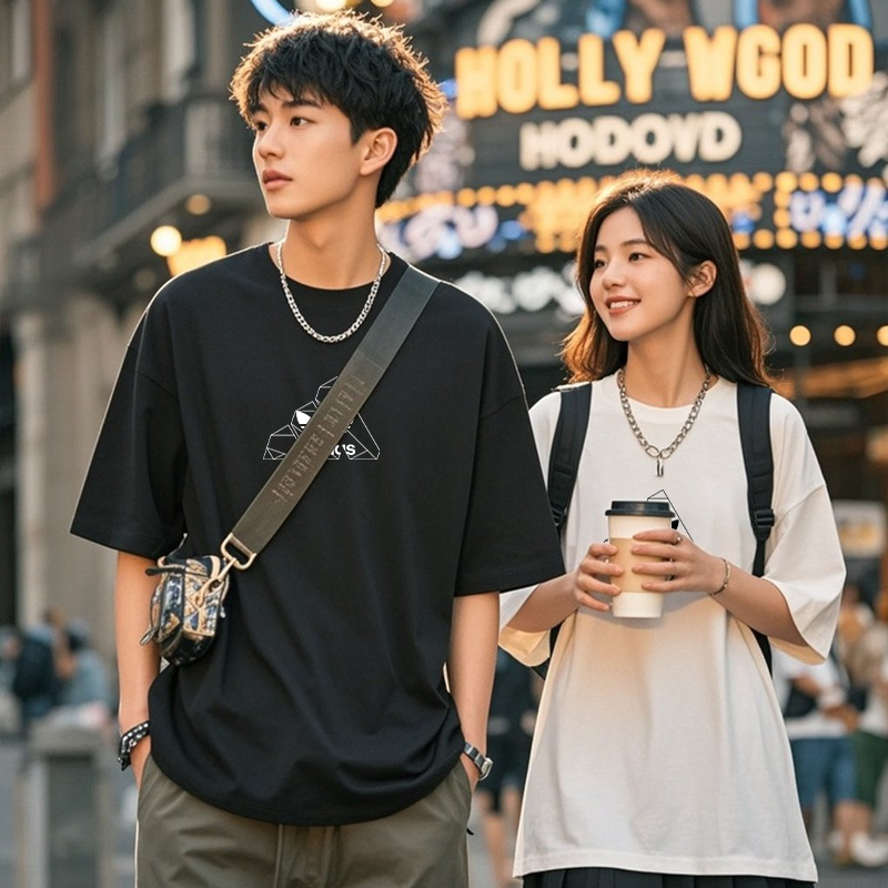 夏季简约印花韩版常规款纯棉T恤宽松短袖男士运动时尚ins