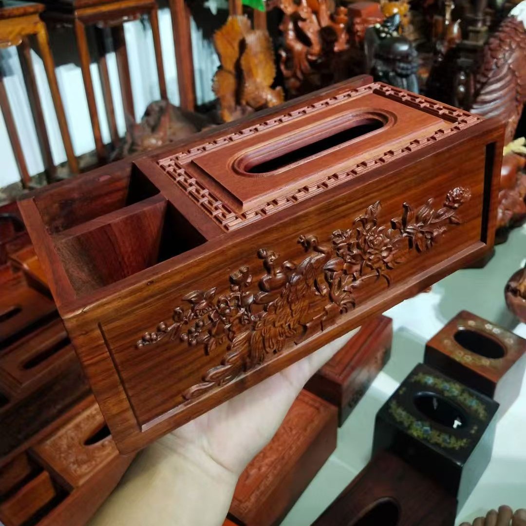 花梨木中式多功能纸巾盒可收纳遥控器