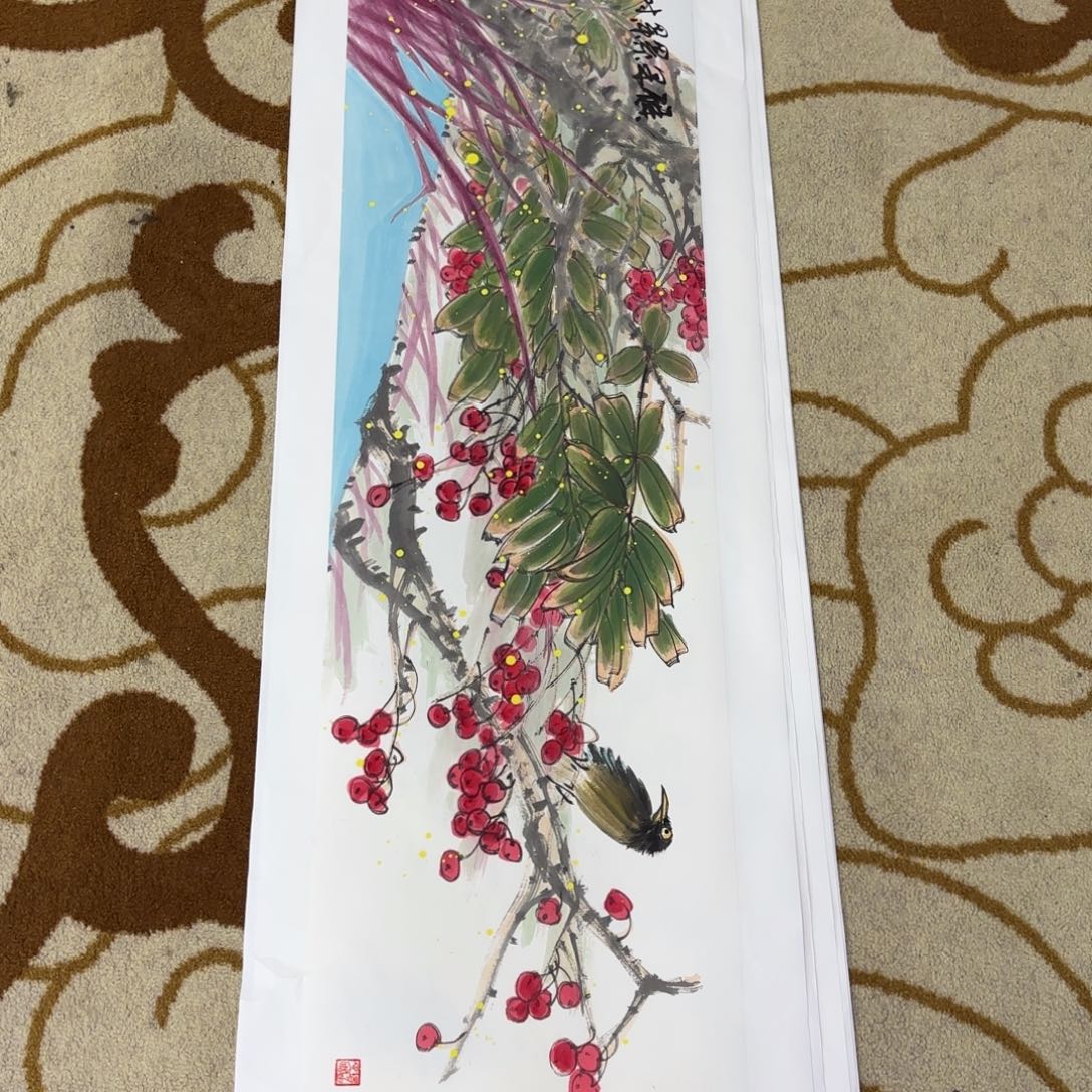 用***3国画李海文四尺对开童