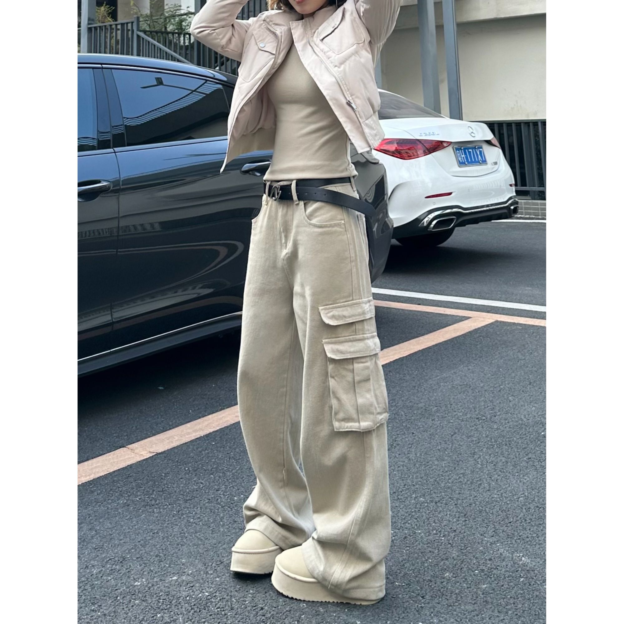 美式复古多口袋牛仔裤直筒宽松百搭显瘦工装裤秋冬设计感休闲裤子