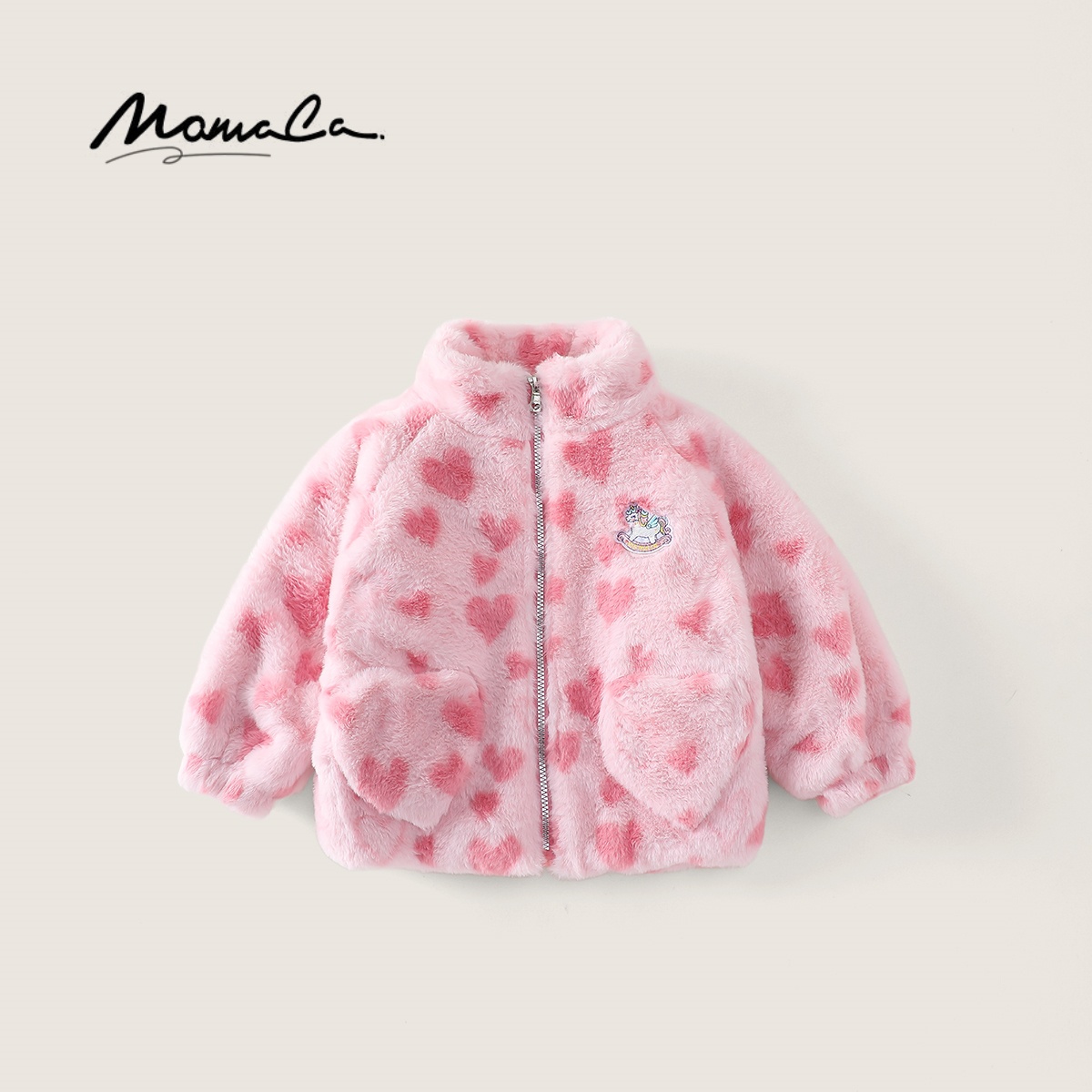 MOMOCO冬季女童洋气甜美爱心毛毛保暖厚款外套休闲77880123006