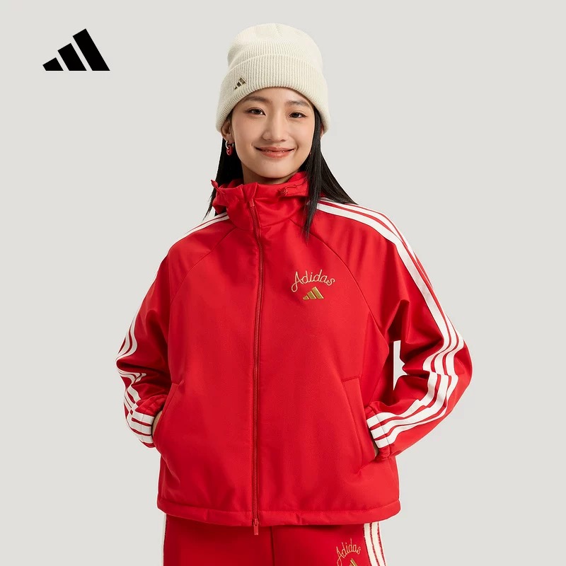 adidas阿迪达斯三条纹CNY新年红色款外套女2026春马年夹克 KU8972