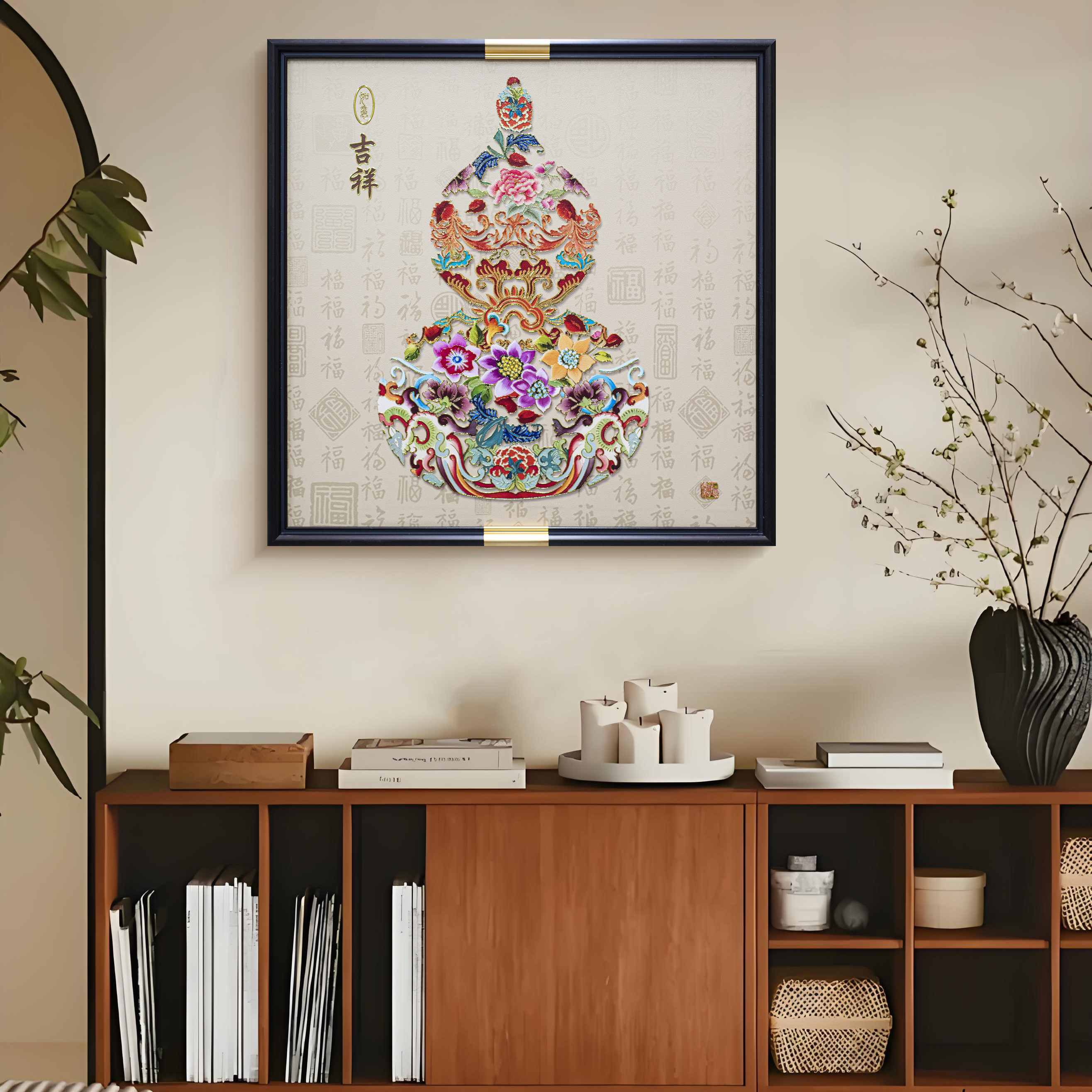 新中式福禄康宁装饰画皮革立体描金玄关卧室客厅餐厅挂画葫芦6363