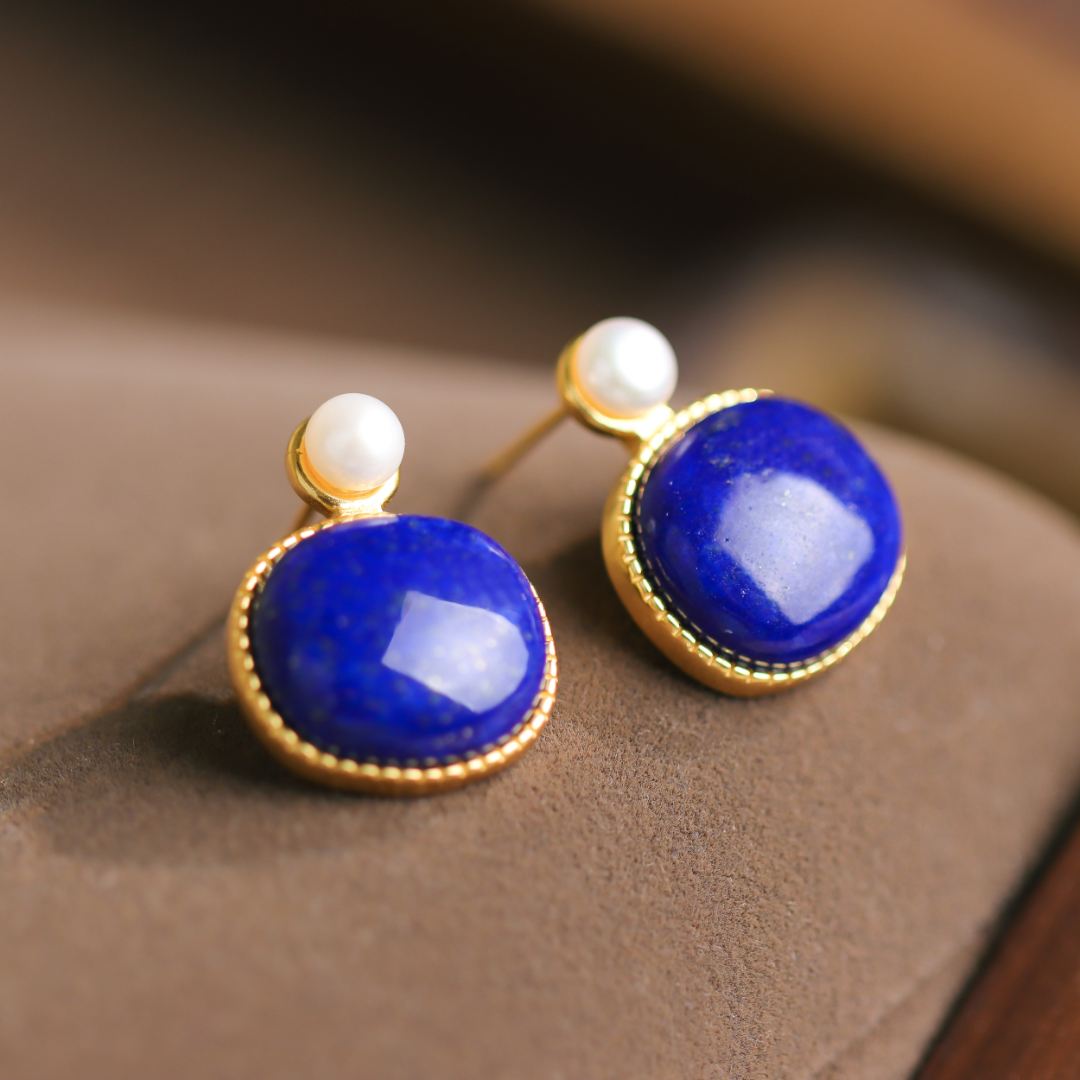 S925银镀金镶嵌青金石气质百搭时尚国潮女款耳坠耳饰