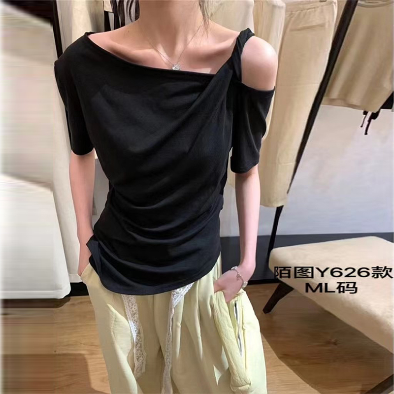 QY626陌图2025夏季新款不规则斜领扭结短袖T恤褶皱莱赛尔显瘦上衣