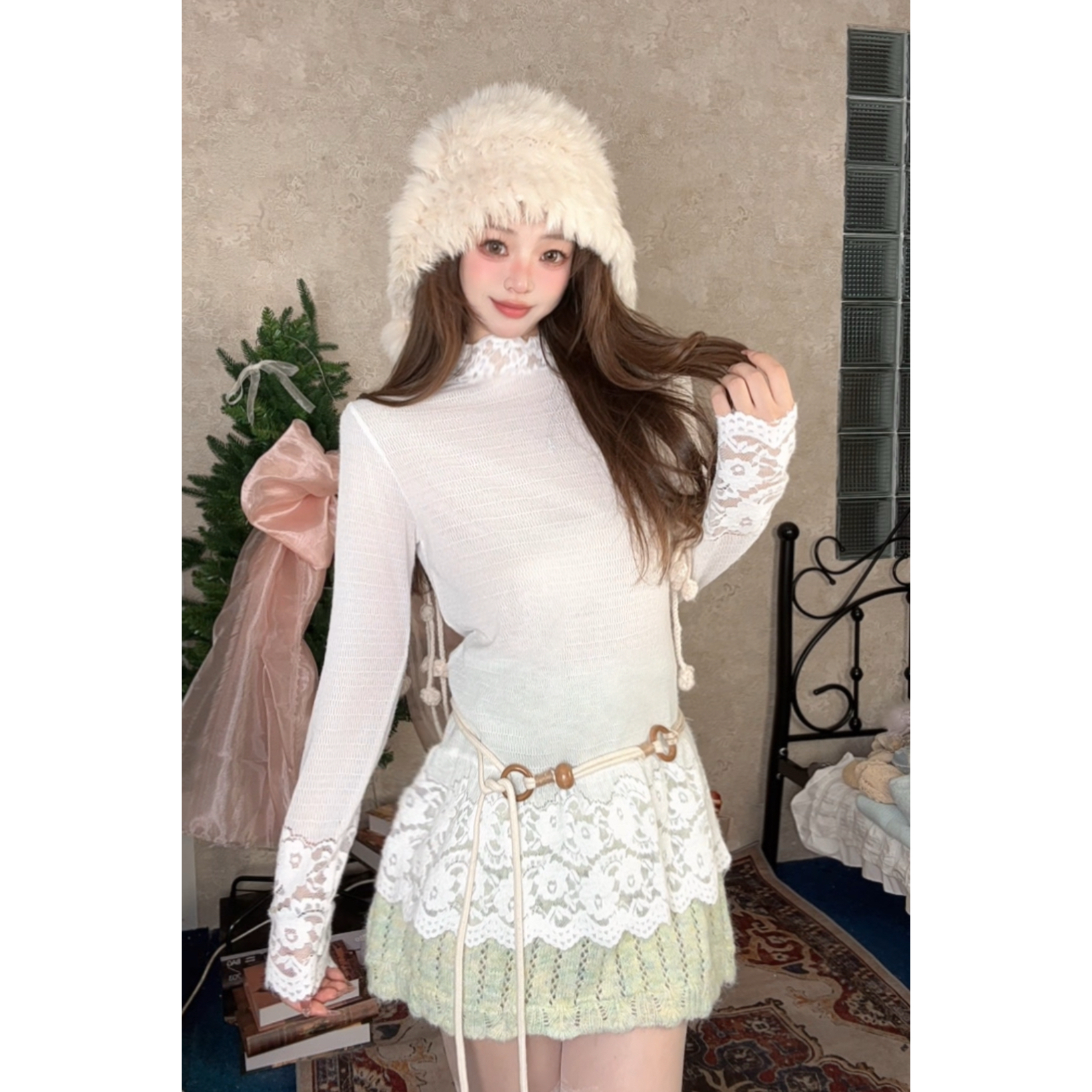 ｛不可缺打底｝白色蕾丝内搭长袖半高领打底T恤 白色显瘦百搭ins