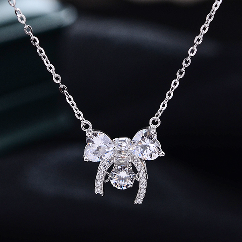 坠链均925银锆石 【克拉吻颈】蝴蝶结立体镶钻氧化锆银项链-YS40829