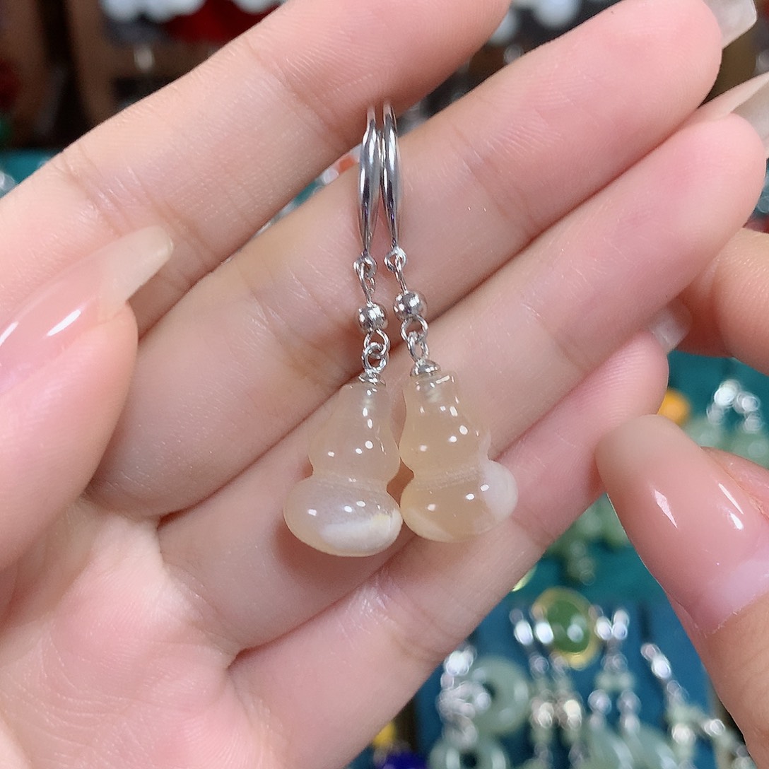 玛瑙/玉髓耳饰银S925镶嵌樱花玛瑙