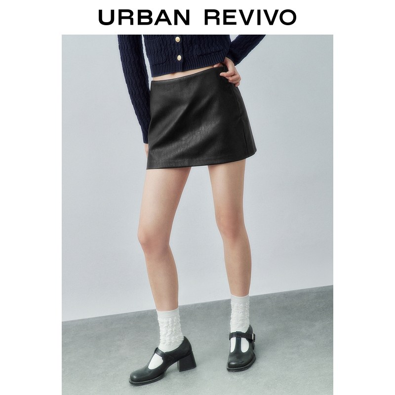 【HOT】UR2025秋季新款女都市气质肌理PU短款半裙UYY550032#
