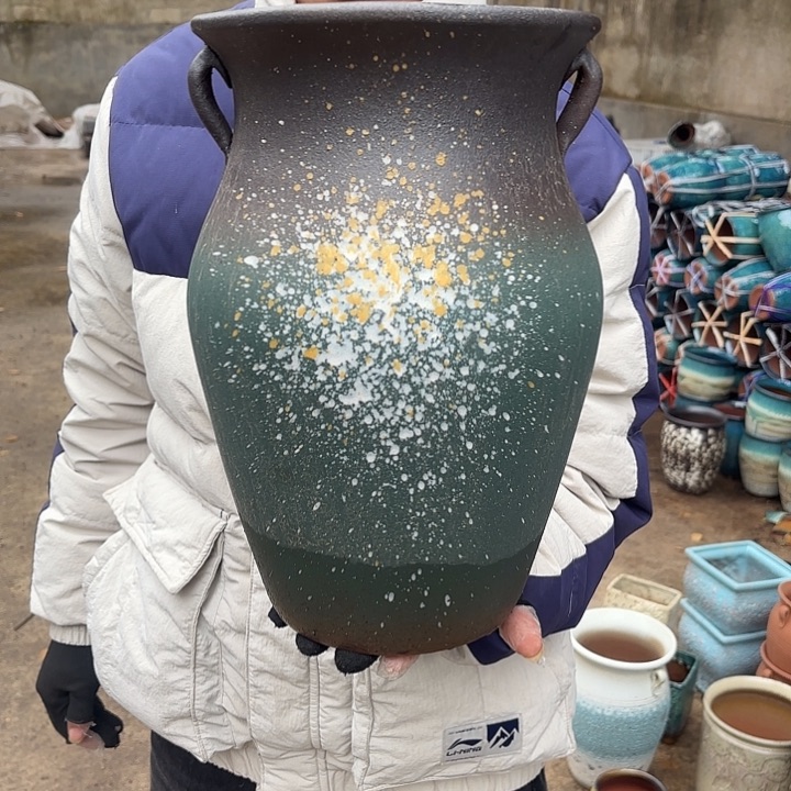 紫砂茶碗绿泼墨口径20*33